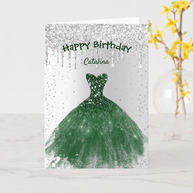 Carte Elégante robe verte Anniversaire (Fleur jaune)