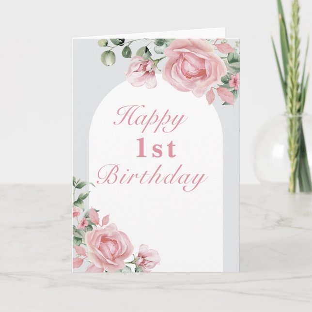 Carte Elégante rose Roses 1er anniversaire fête (Devant)