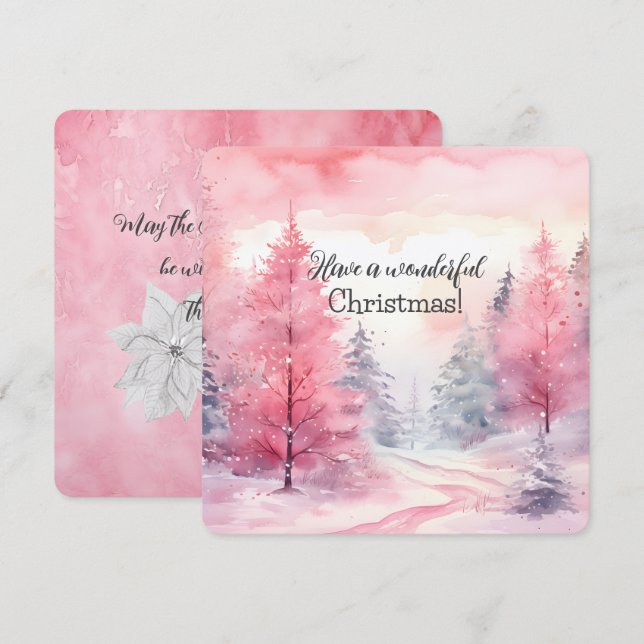Carte Élégante Scène De Noël Rose En Hiver (Devant / Derrière)