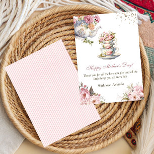 Carte Élégante Tasse à Thé Fleurie Rose pour la Fête des
