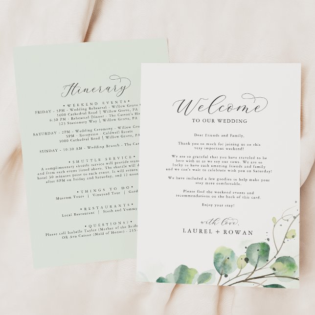 Carte Élégante verte Mariage Bienvenue Lettre Itinéraire (Créateur téléchargé)