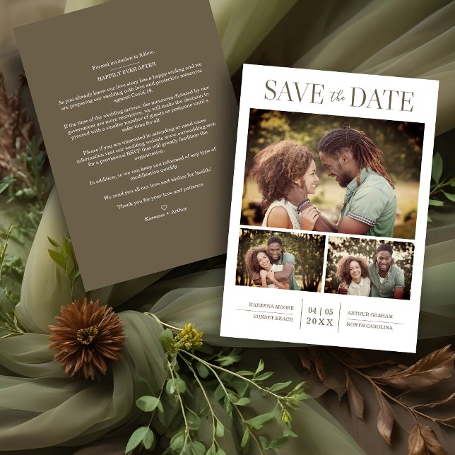 Carte Elegante y simple Boda de fotos de 3 Personalizado (Simple Elegant Modern 3 Custom Photos Wedding Save the Date Card.)
