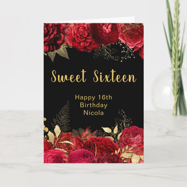 Carte Élégantes Fleurs Rouges et Dorées Sweet Sixteen (Devant)