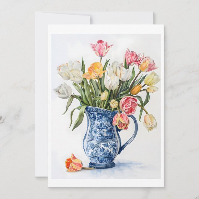 Carte Elégantes Tulipes d'aquarelle dans Vase Blue Delft (Devant)