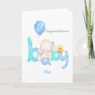 Carte Éléphant bébé garçon avec ballon, félicitations