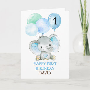 Carte Elephant Blue Boy Premier anniversaire mignon 1er 