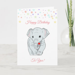 Carte Éléphant d'anniversaire et étoiles multicolores