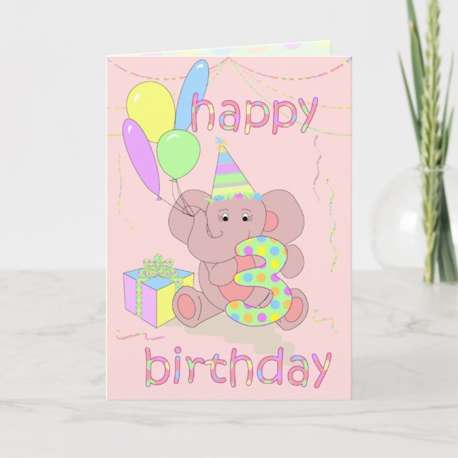 Carte Eléphant de 3ème anniversaire pour les filles (Devant)