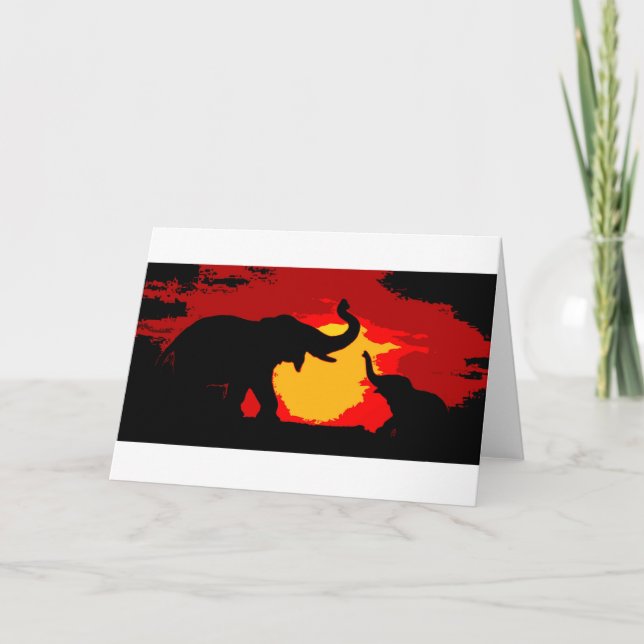 Carte Éléphant, éléphant de bébé et coucher du soleil (Devant)
