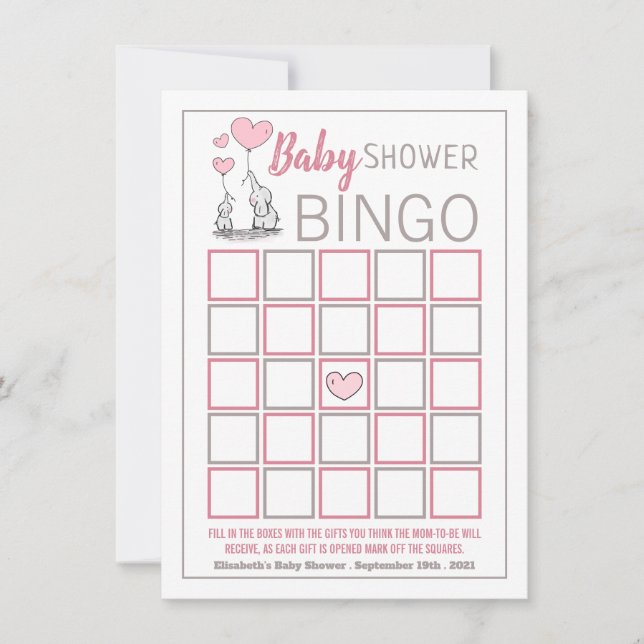 Carte Elephant Hearts Baby shower Bingo (Devant)