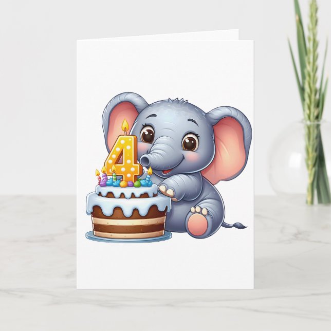 Carte Éléphant Mignon 4ème Anniversaire (Devant)