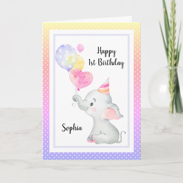 Carte Eléphant mignon Anniversaire fille personnalisée (Devant)