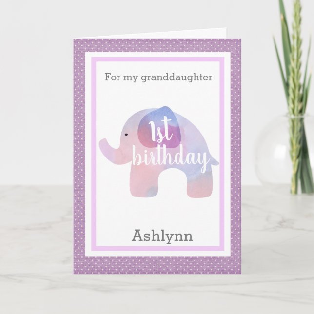 Carte Eléphant pourpre 1er anniversaire petite-fille (Devant)