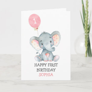 Carte Eléphant rose Fille premier anniversaire 1er anniv