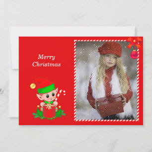 Carte Elfe de Noël moderne et photo personnalisée en rou