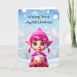 Carte Elfe rose mignonne avec café ou cacao Noël
