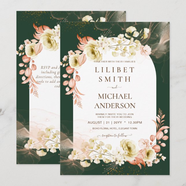 Carte Emerald Green Boho Floral Mariage (Devant / Derrière)