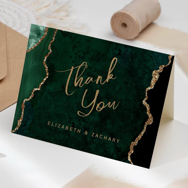 Carte Emerald Green Gold Agate Script Mariage Merci (Créateur téléchargé)