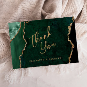 Carte Emerald Green Gold Agate Script Mariage Merci