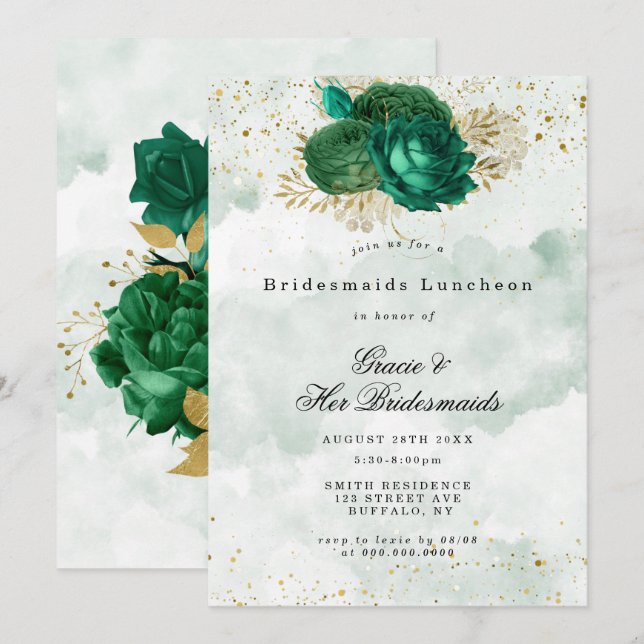 Carte Emerald Green Peony Bridesmaids Luncheon Invitatio (Devant / Derrière)