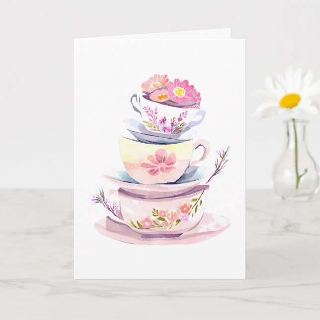 Carte Empilement de tasses à thé pastel avec fleurs joye (Petite plante)