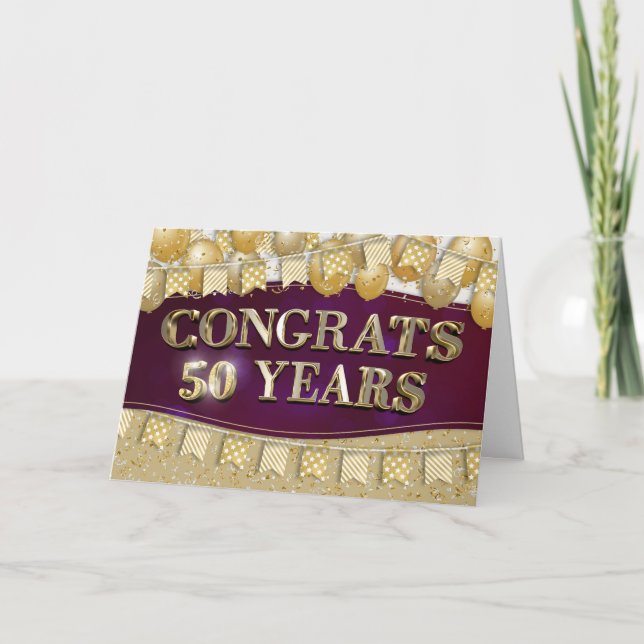 Carte Employé 50e anniversaire Gold Texte et Ballons (Devant)