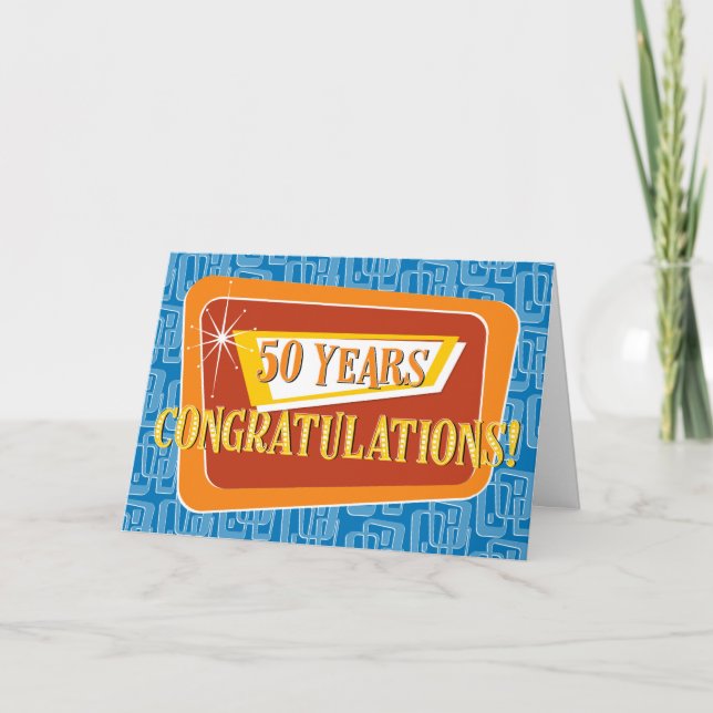Carte Employé 50e Anniversaire Rétro Bleu Rouge Orange (Devant)
