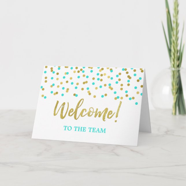 Carte Employé Turquoise Gold Confetti Bienvenue à l'équi (Devant)