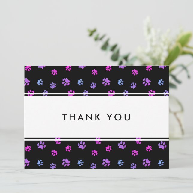 Carte Empreintes de pattes bleu rose violet Merci d'entr (Debout devant)