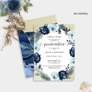 Carte En espagnol, Chic Blue et or Floral Quinceañera