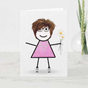 Carte en vichy Anniversaire Stick Girl avec marguerites