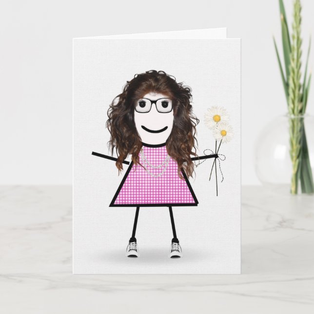 Carte en vichy Anniversaire Stick Girl avec marguerites (Devant)
