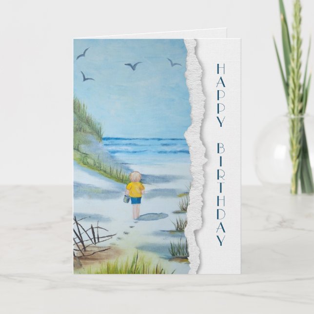 Carte enfant d'anniversaire sur l'aquarelle de plage (Devant)