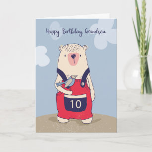 Carte Enfant de 10 ans Ours et oiseaux Anniversaire