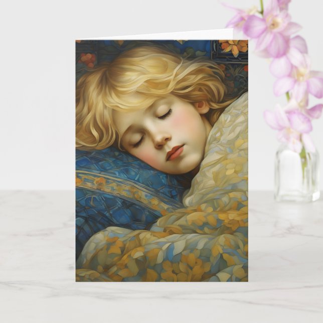 Carte Enfant dormant rêvé dans une courtepointe fleurie (Orchidée)