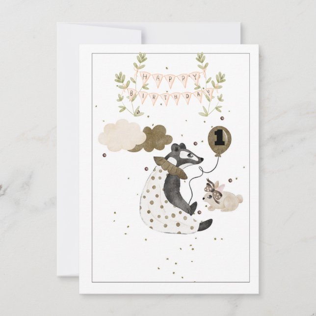 Carte Enfant d'un an Bébé Animal Anniversaire (Devant)