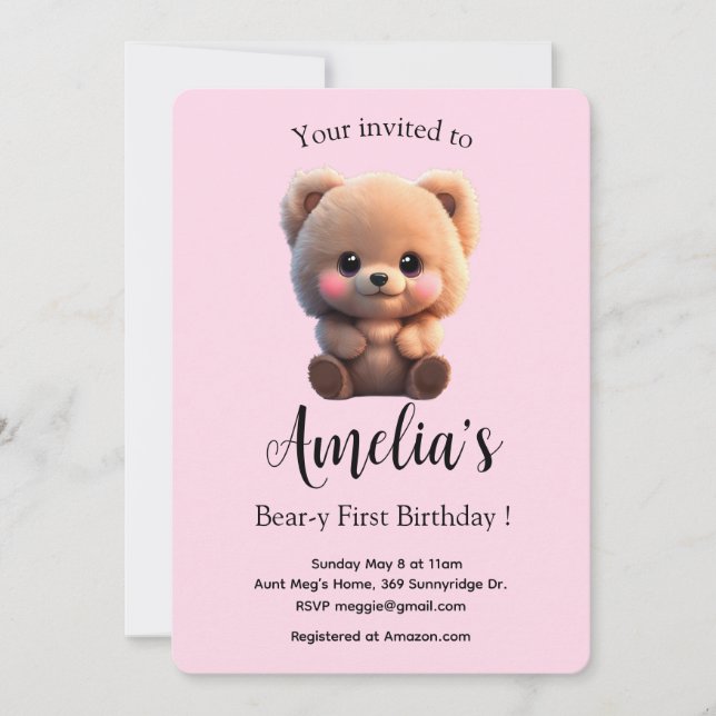 Carte Enfant mignonne ours en peluche fille 1er annivers (Devant)