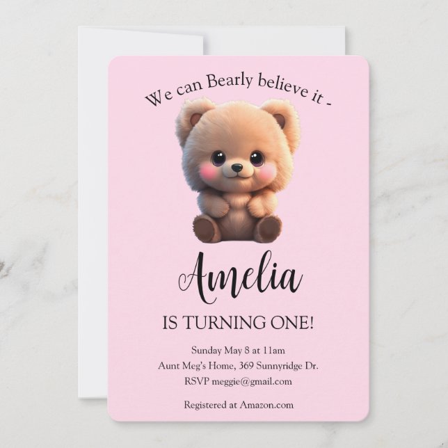 Carte Enfant mignonne ours en peluche fille 1er annivers (Devant)