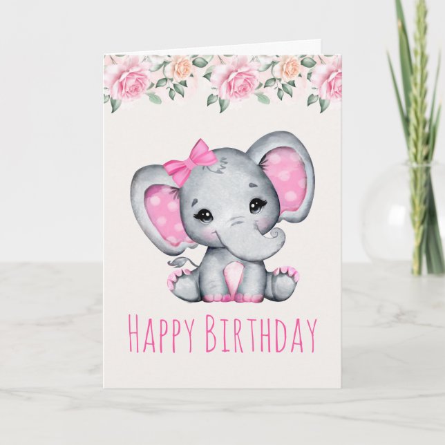 Carte Enfant rose Eléphant et frontière Rose Anniversair (Devant)