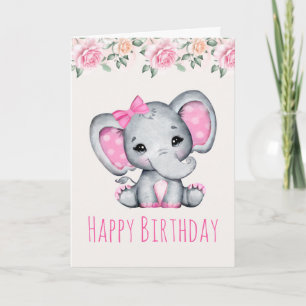 Carte Enfant rose Eléphant et frontière Rose Anniversair