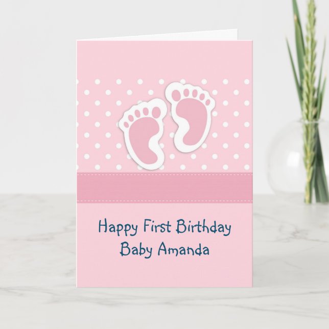 Carte Enfant rose mignonne Empreintes 1er anniversaire (Devant)