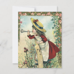 Carte Enfant victorien vintage, Fille soufflant Bugle Me