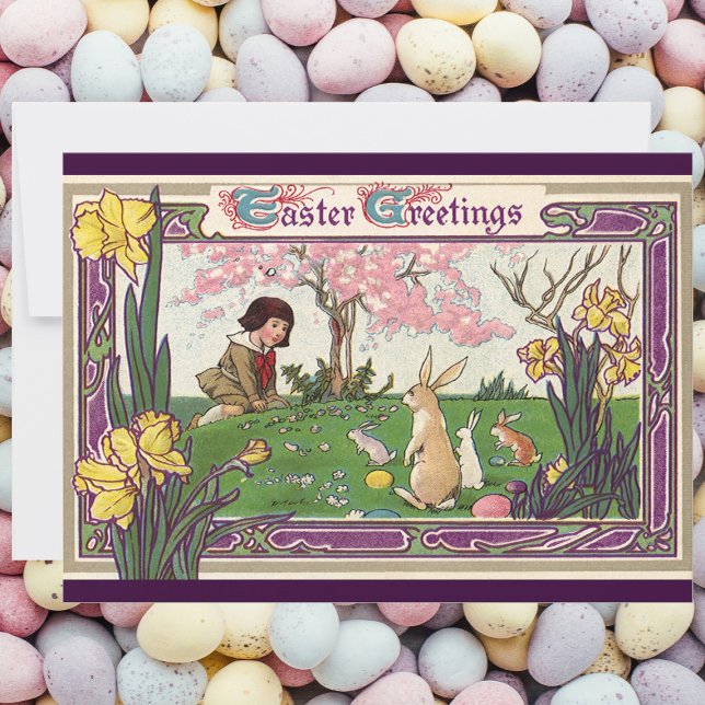 Carte Enfant vintage à la chasse aux oeufs de Pâques ave (Créateur téléchargé)