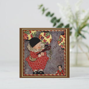 Carte Enfant vintage arlequin, musicien jouant du banjo