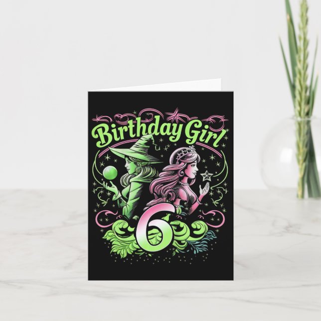 Carte Enfants 6e Anniversaire Sorcière rose et verte 6 A (Devant)