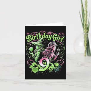 Carte Enfants 9e Anniversaire Sorcière rose et verte 9 A