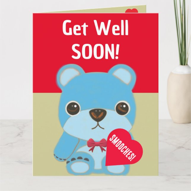 Carte Enfants Bleu Teddy Ours avec Coeur Se Bien Bientôt (Devant)