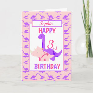 Carte Enfants Dinosaur 3e anniversaire rose