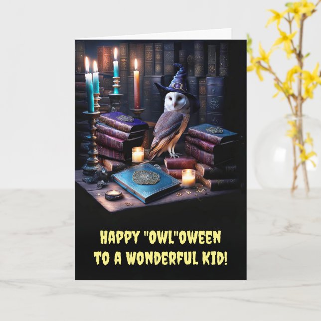 Carte Enfants Happy Halloween Chouette magique et livres (Fleur jaune)