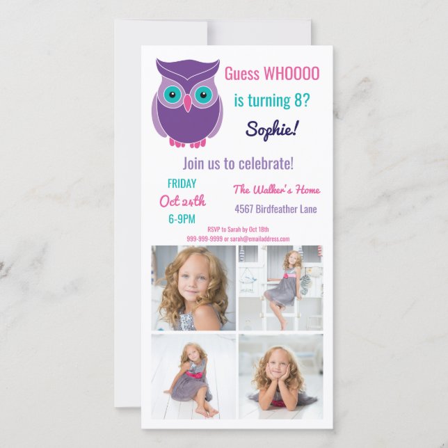 Carte Enfants Owl Anniversaire Fête Animale Photo Invita (Devant)